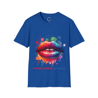 Blue t-shirt with colorful lips graphic and text on a white background