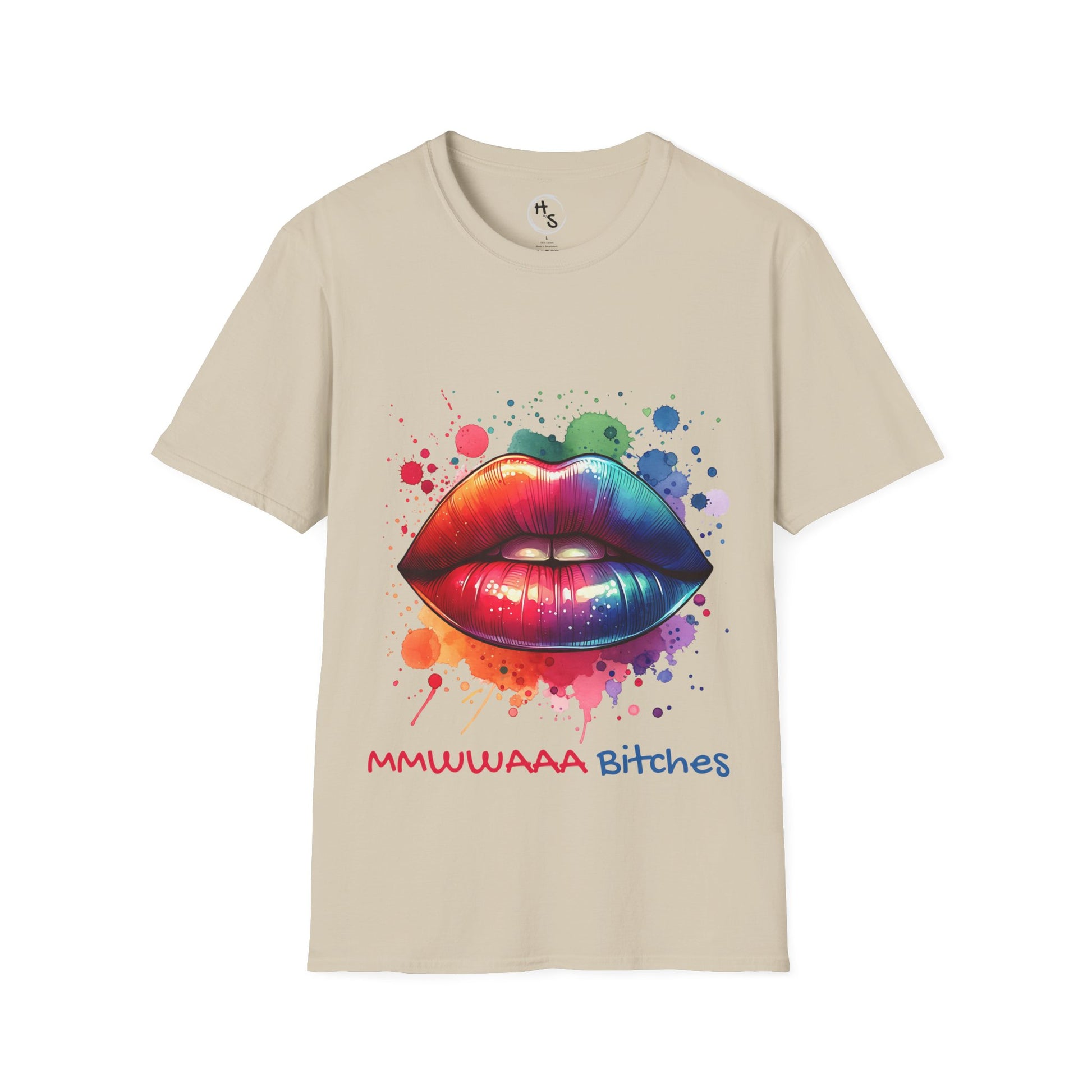 Beige t-shirt with colorful lips graphic and text on a white background