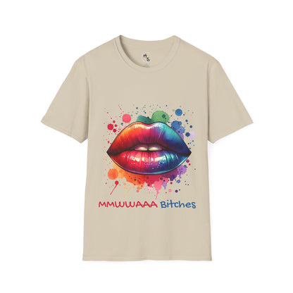Beige t-shirt with colorful lips graphic and text on a white background