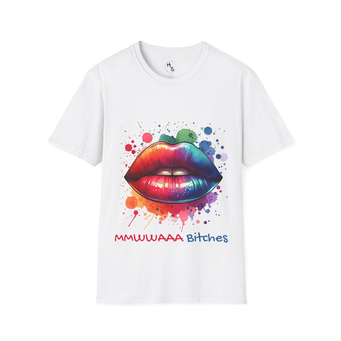 White t-shirt with colorful lips graphic and text on a white background