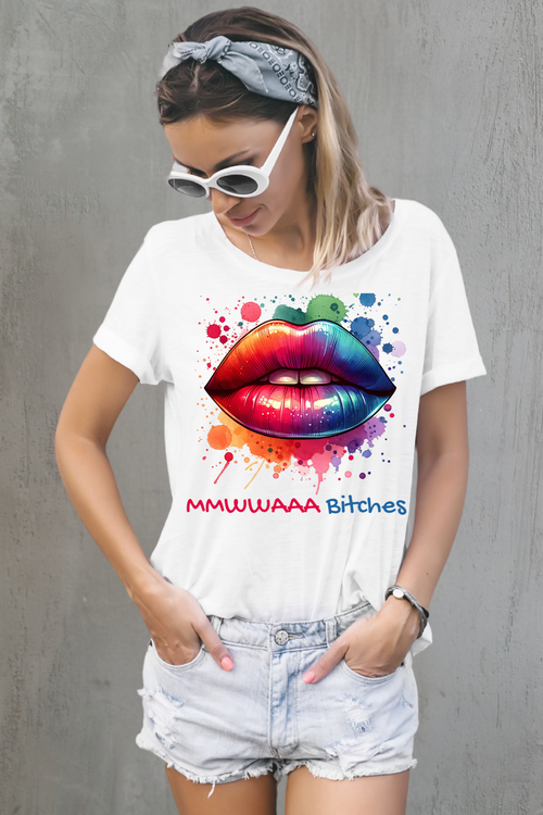 Woman wearing a white t-shirt with colorful lips and text design against a gray background