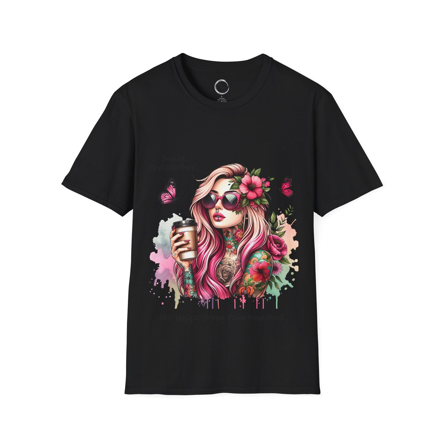 Black t-shirt with a colorful graphic of a woman with flowers in her hair and tattoos, holding a coffee cup on a white background.