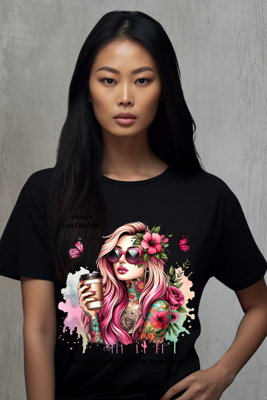 Woman wearing a black t-shirt with a colorful graphic design of a woman with pink hair and flowers.
