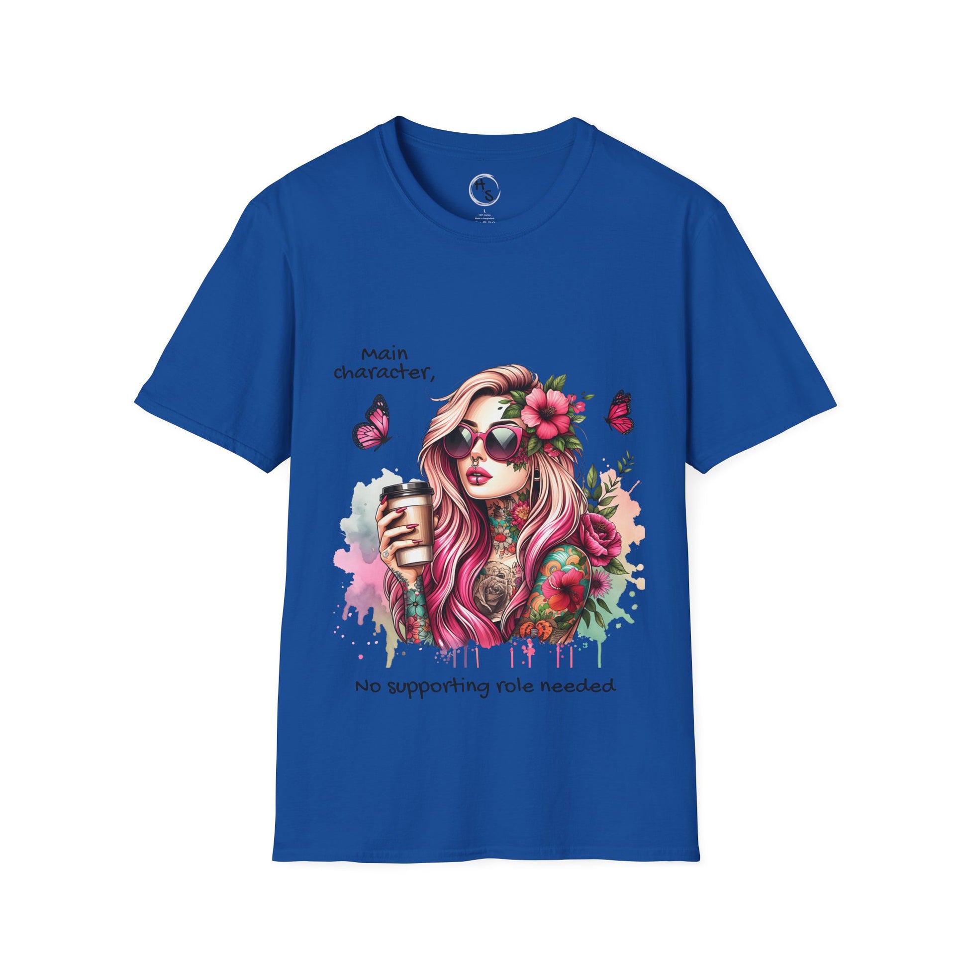 Blue t-shirt with a colorful graphic of a woman with pink hair and tattoos, holding a coffee cup.