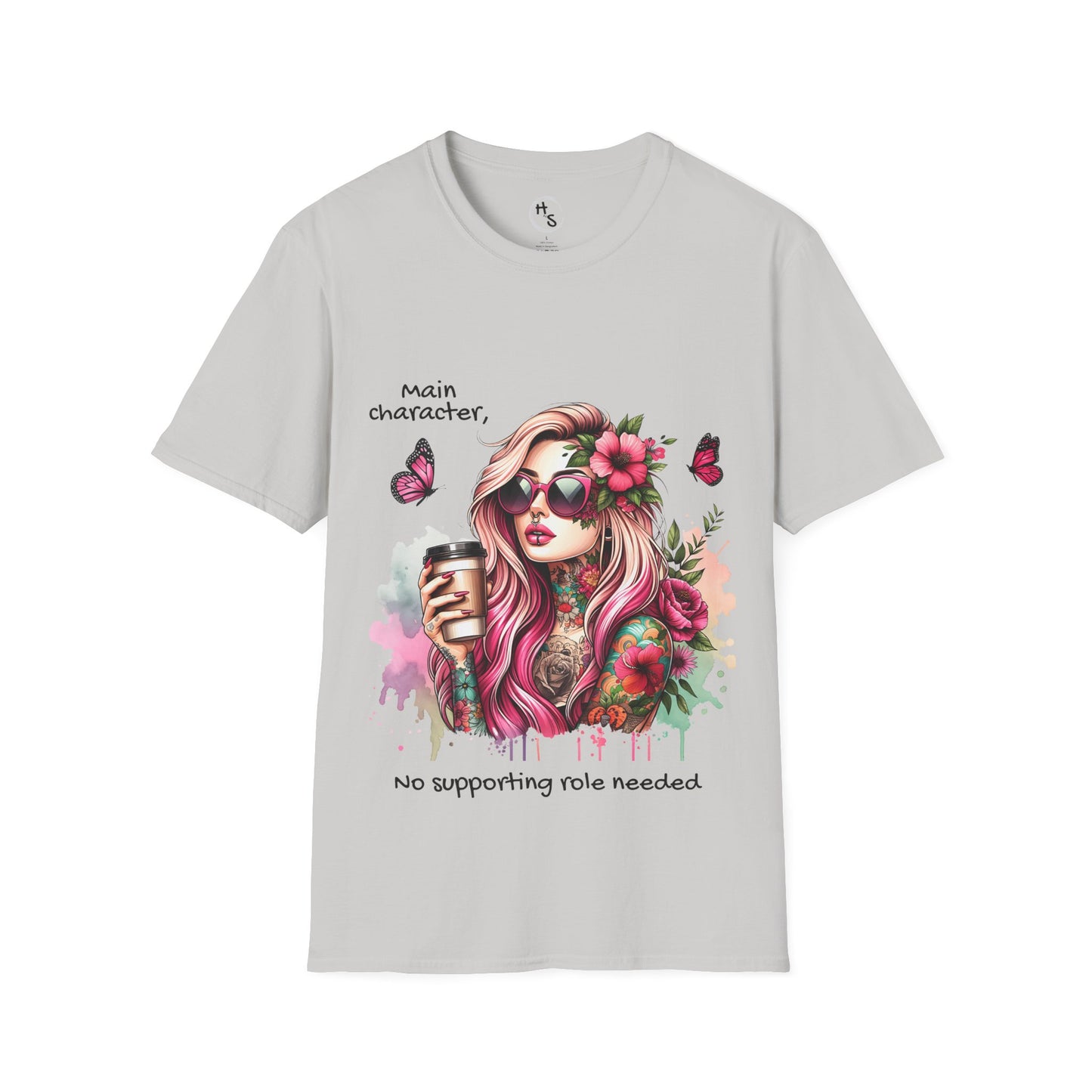 Gray t-shirt with a colorful graphic of a woman with flowers in her hair and text on a white background