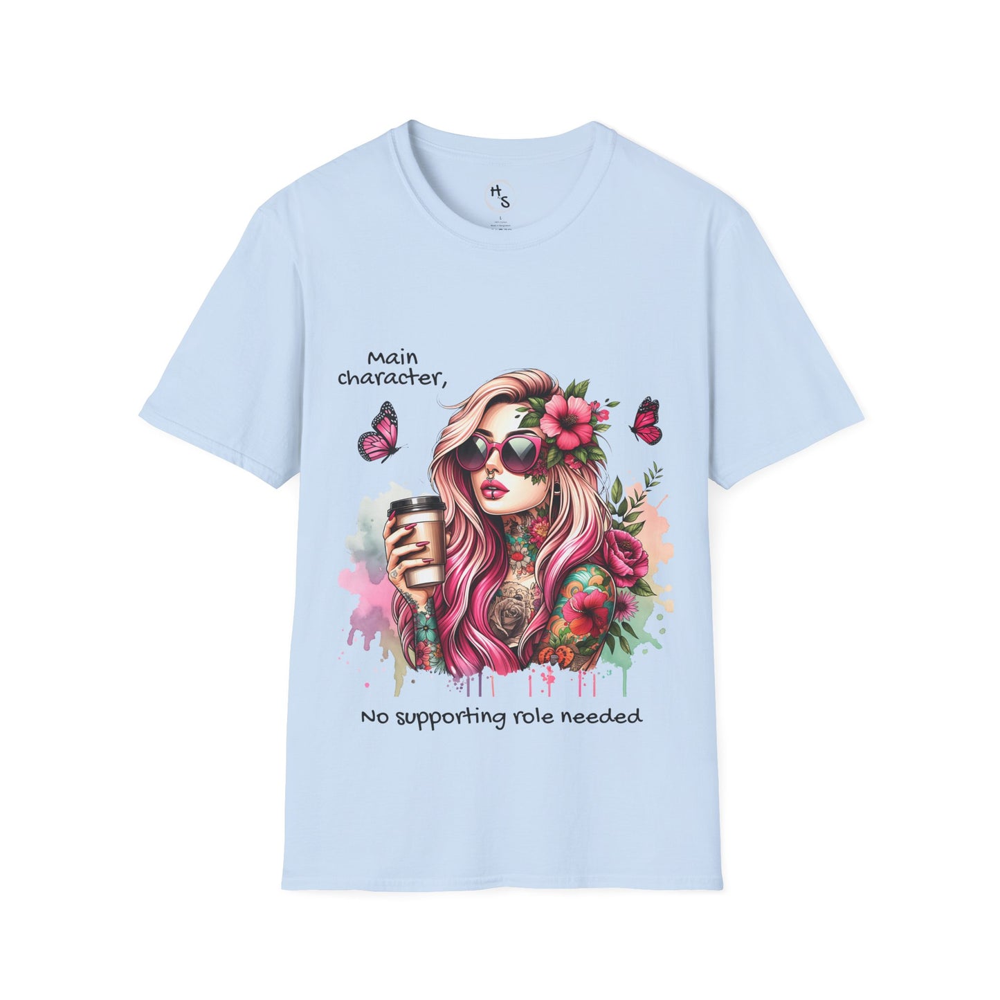 Light blue t-shirt with a colorful graphic of a woman holding a coffee cup and text on a white background