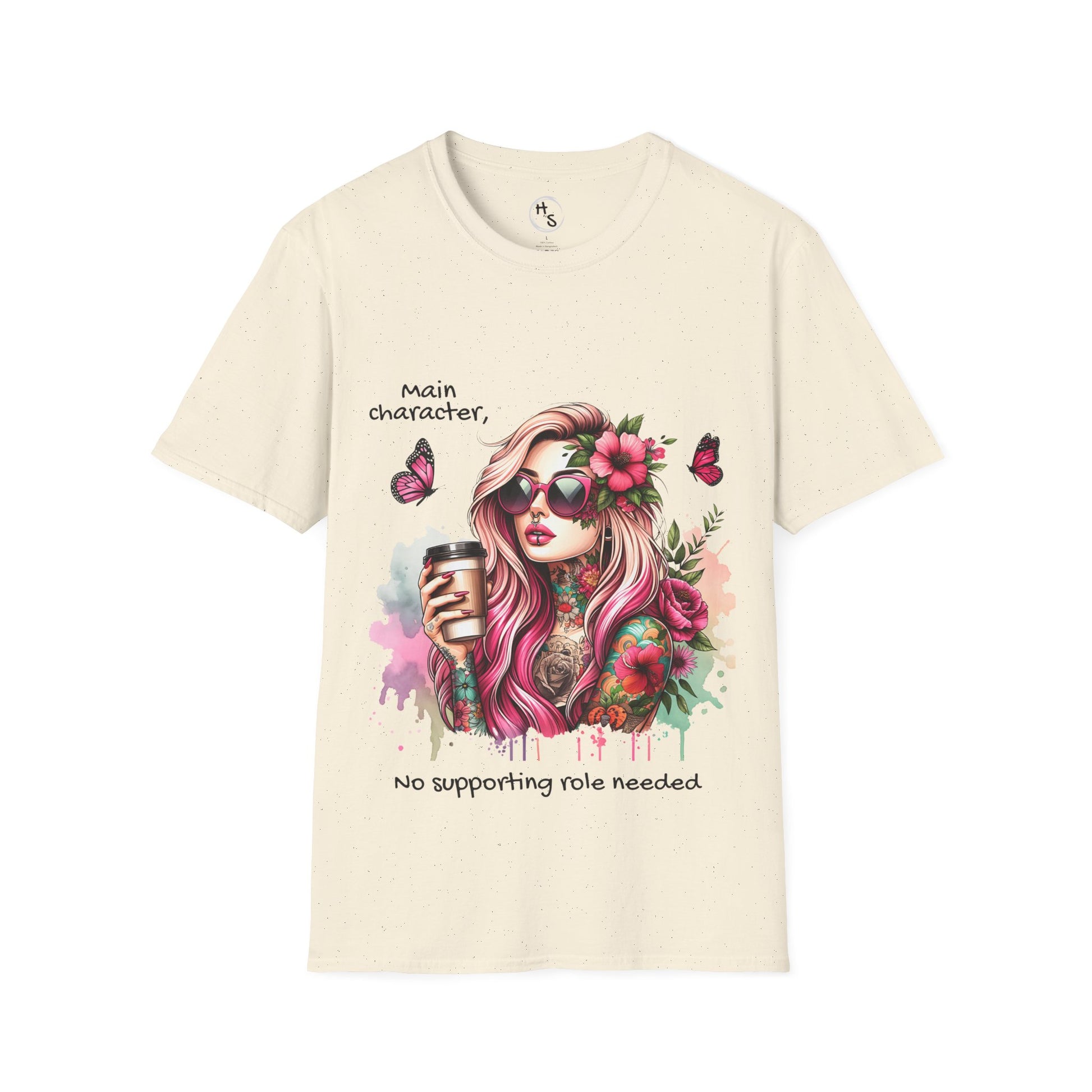 Natural colour t-shirt with a graphic of a woman with flowers and text on a white background