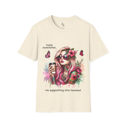 Natural colour t-shirt with a graphic of a woman with flowers and text on a white background