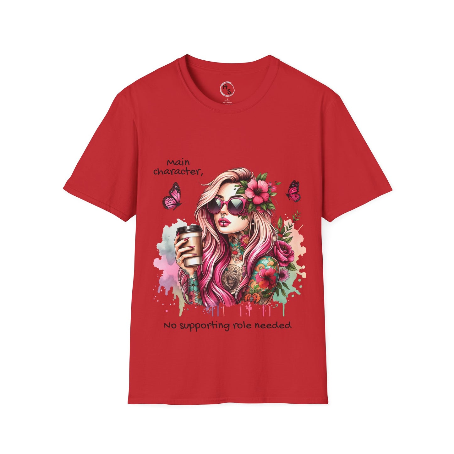 Red t-shirt with a graphic of a woman with flowers and text on a white background