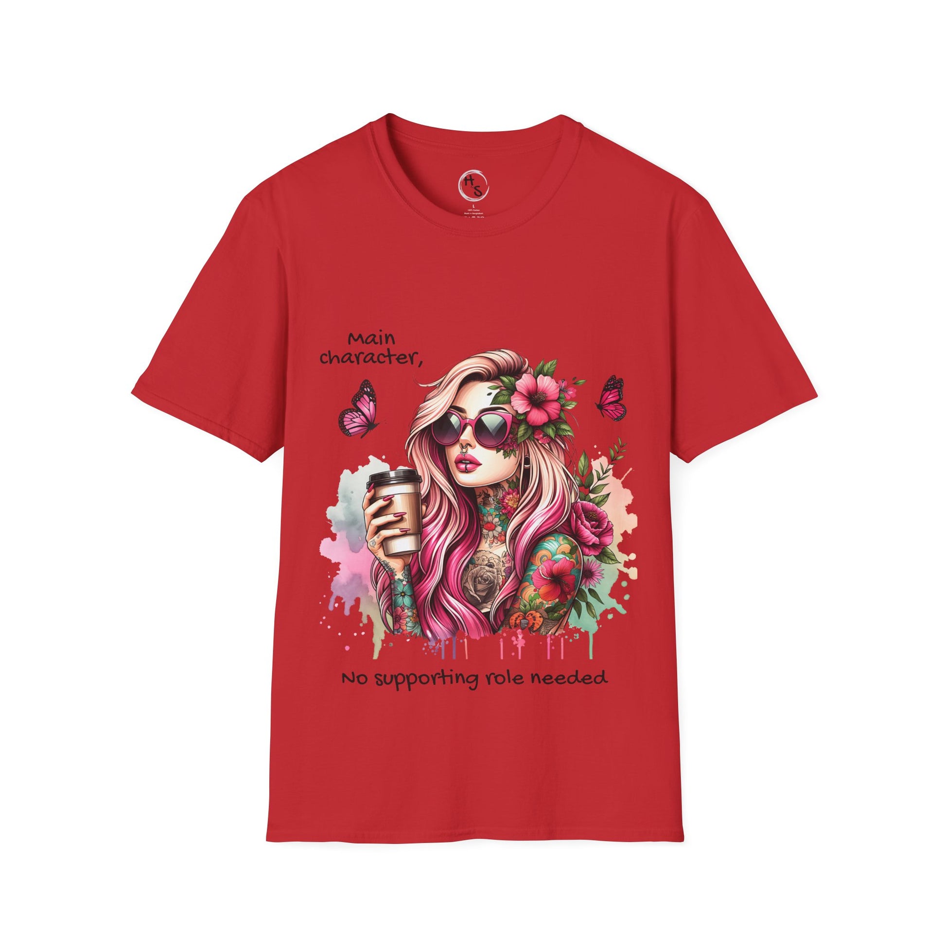 Red t-shirt with a graphic of a woman with flowers and text on a white background