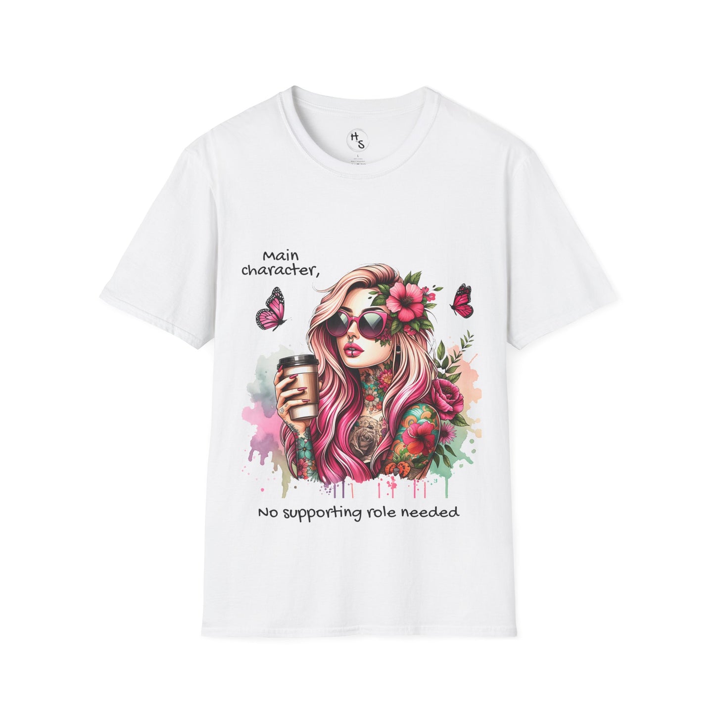 White t-shirt with a colorful graphic of a woman holding a coffee cup and text on a white background
