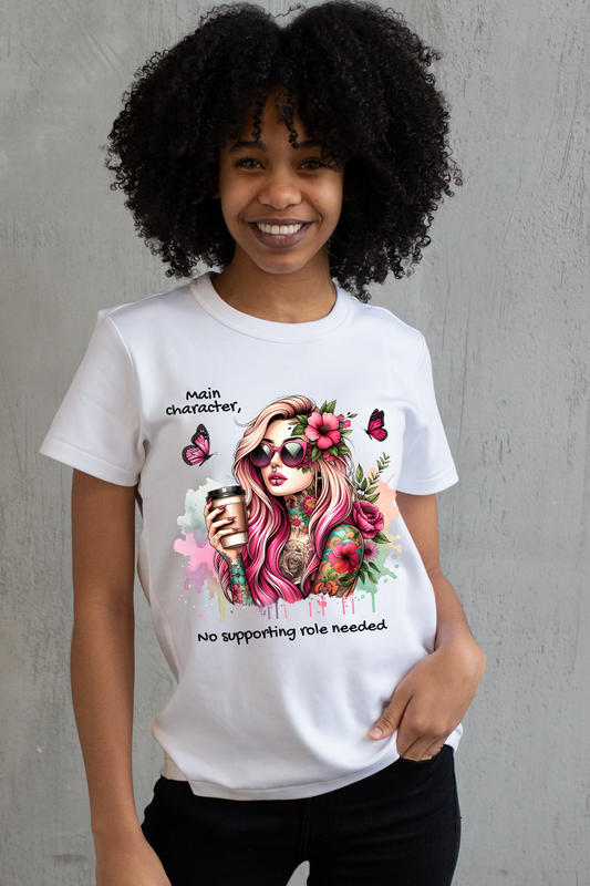 Person wearing a white t-shirt with a colorful graphic design and text.