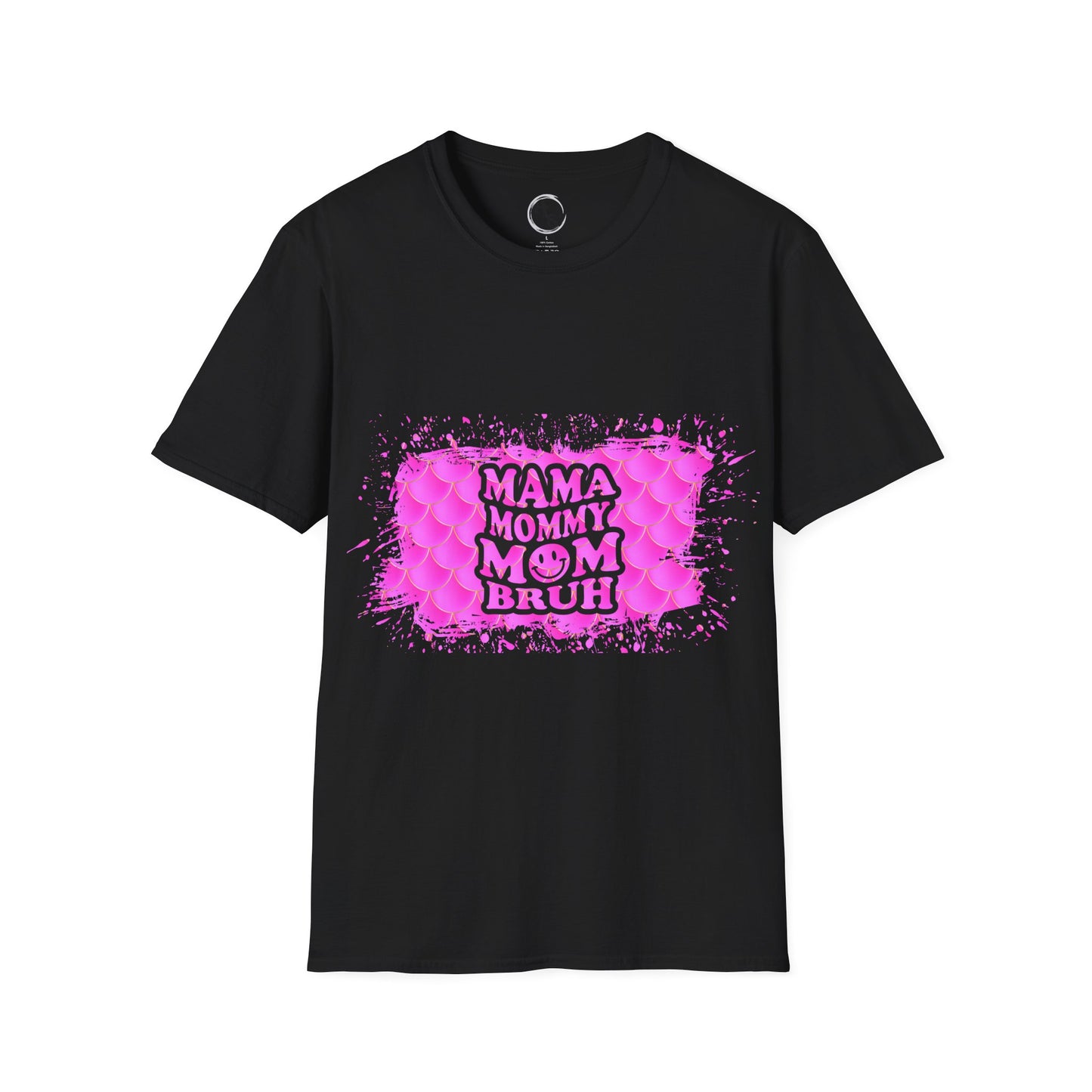 Black t-shirt with pink graphic and text on a white background
