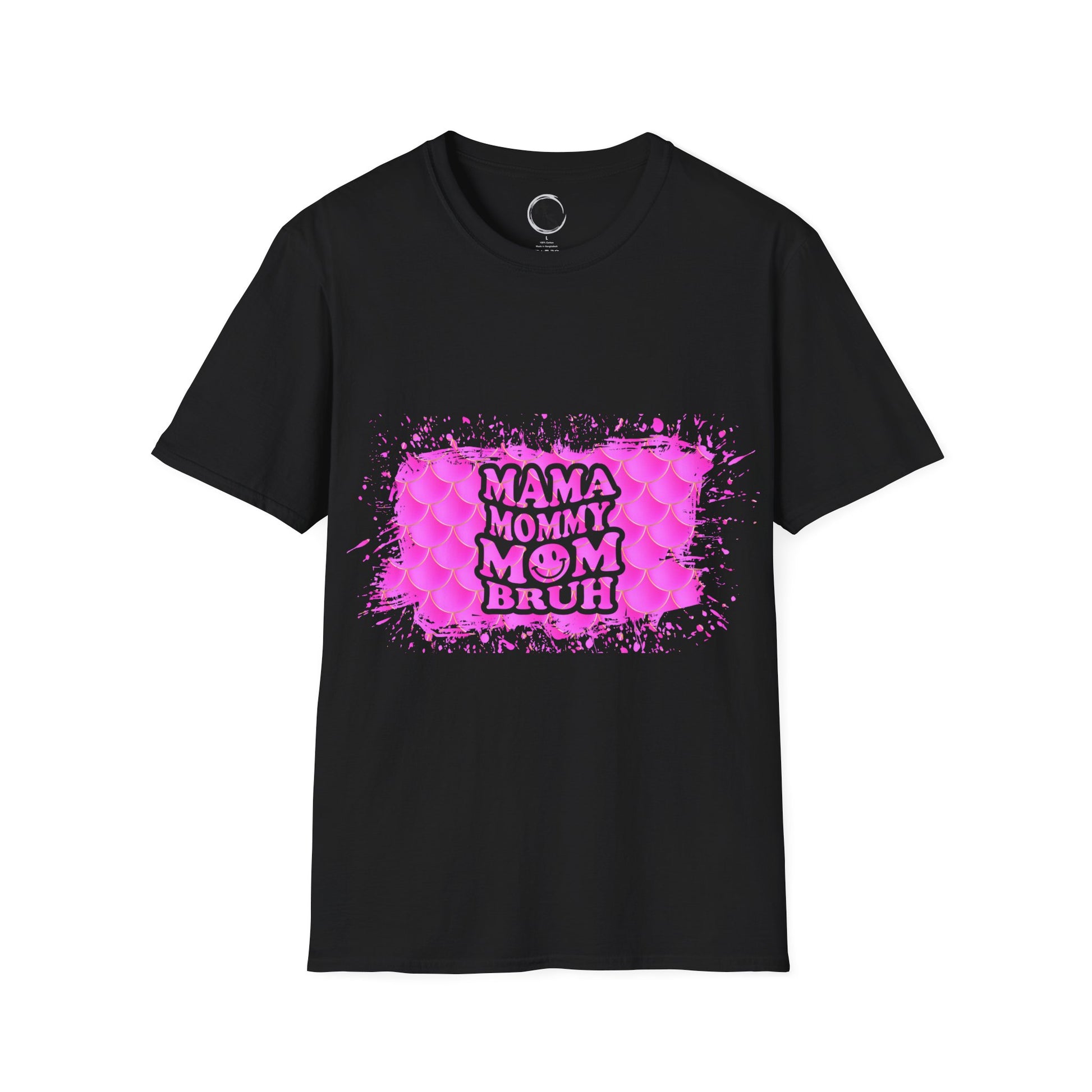 Black t-shirt with pink graphic and text on a white background
