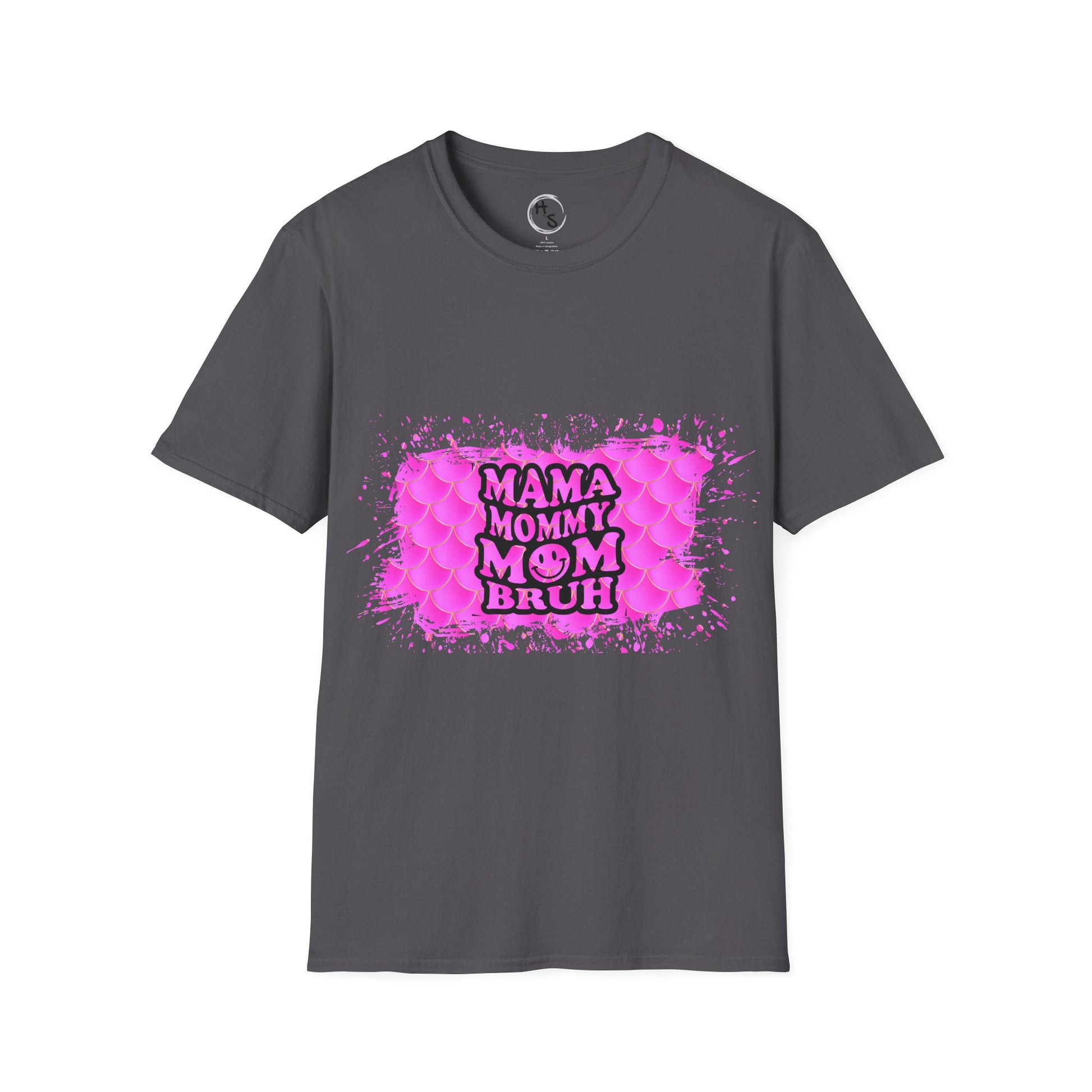 Gray t-shirt with pink graphic and text on a white background