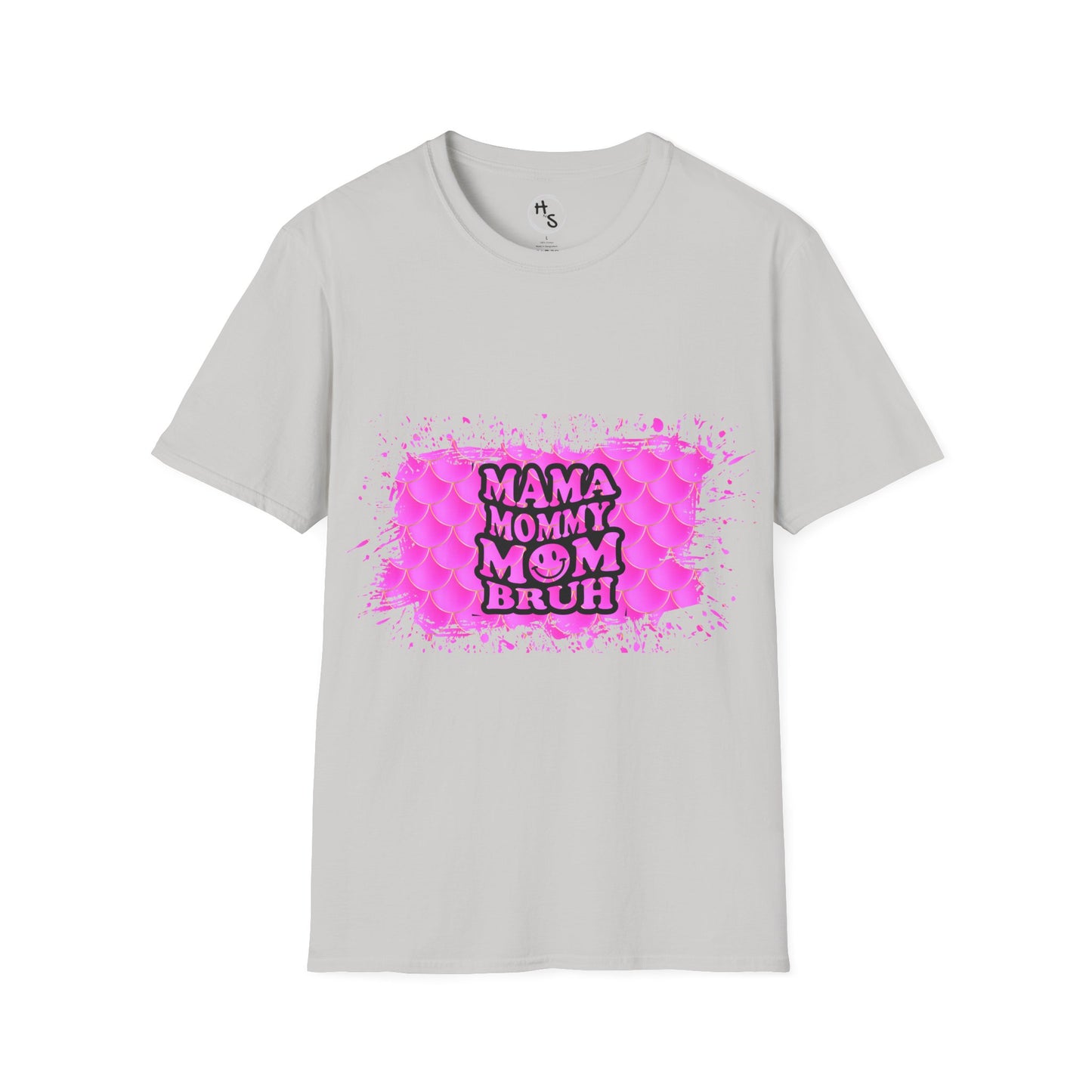 Gray t-shirt with pink graphic and text on a white background