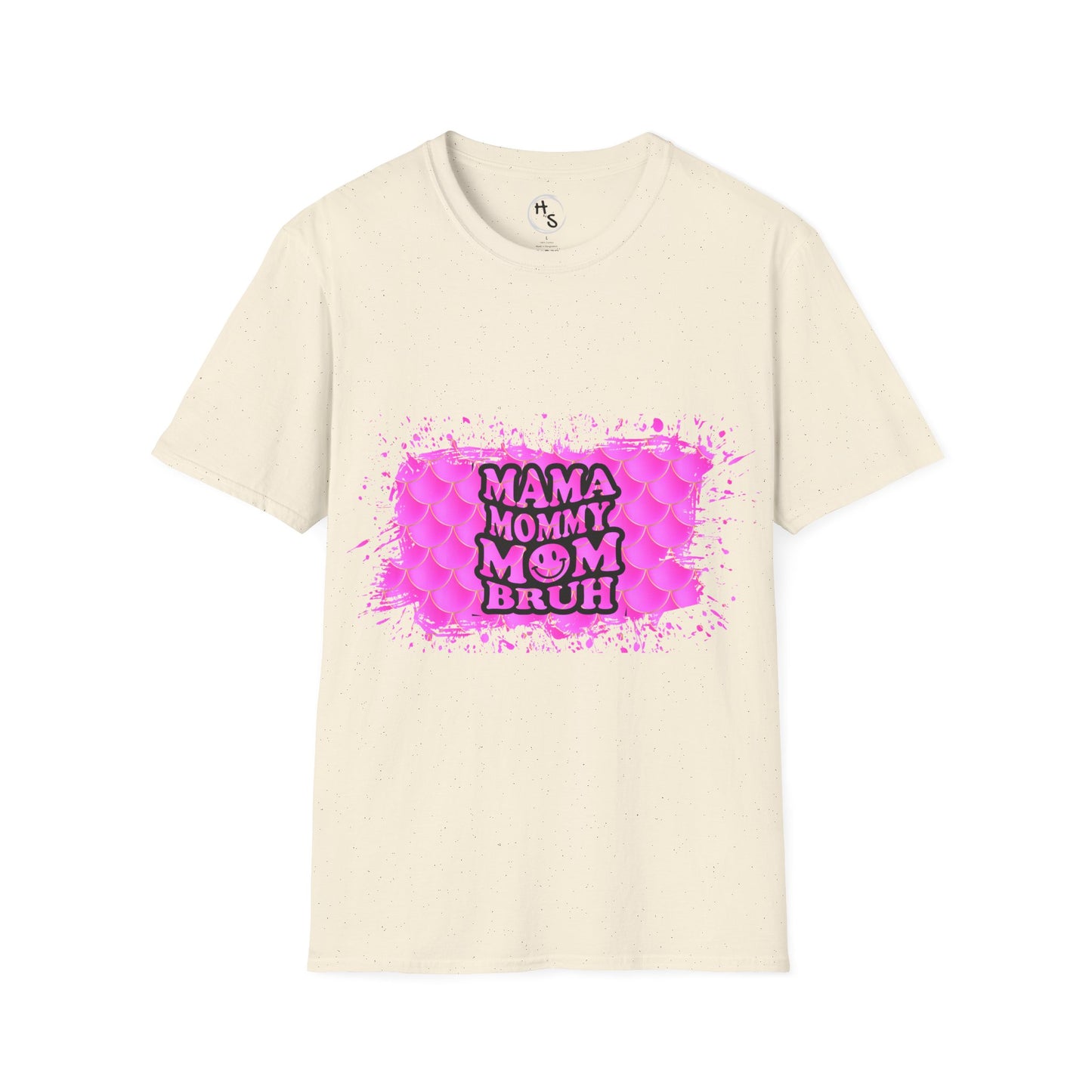 Beige t-shirt with pink graphic and text on a white background