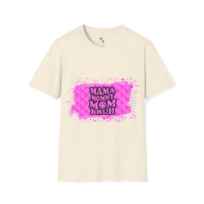 Beige t-shirt with pink graphic and text on a white background