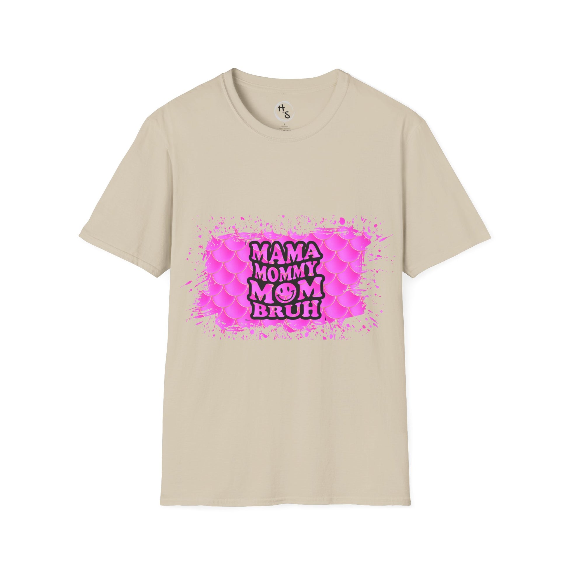 Beige t-shirt with pink graphic and text on a white background