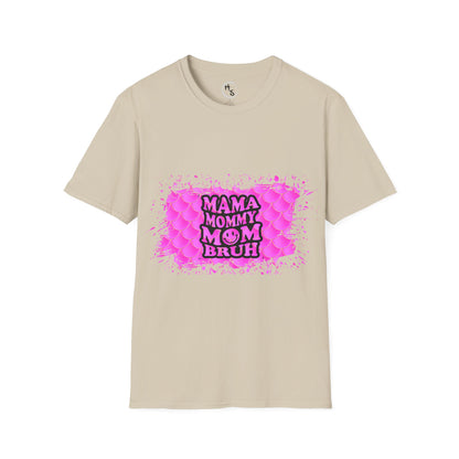 Beige t-shirt with pink graphic and text on a white background