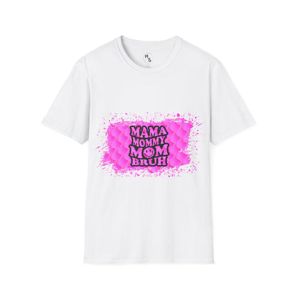 White t-shirt with pink graphic and text on a white background