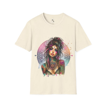 Beige t-shirt with a colorful graphic design of a woman with tattoos on a white background