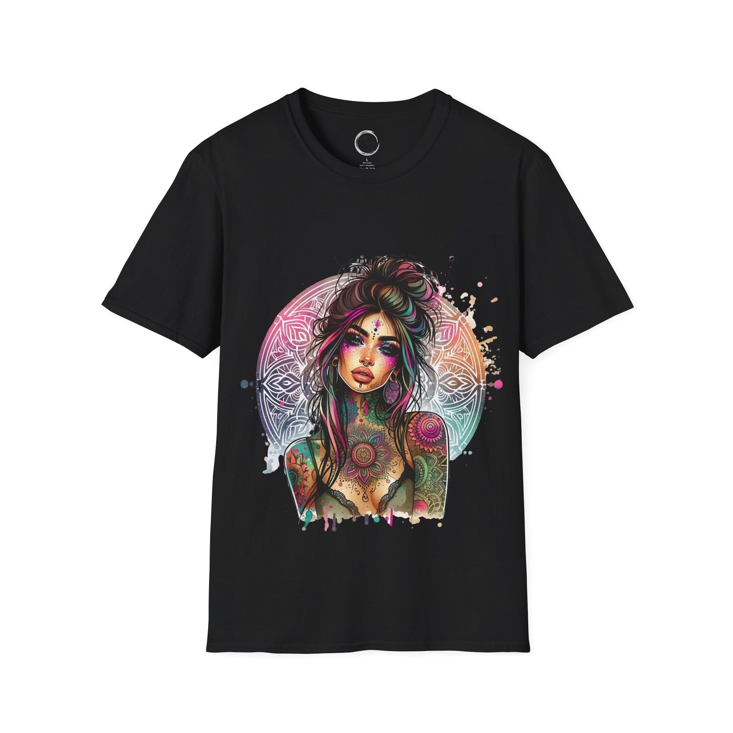 Black t-shirt with a colorful graphic design of a woman on a white background
