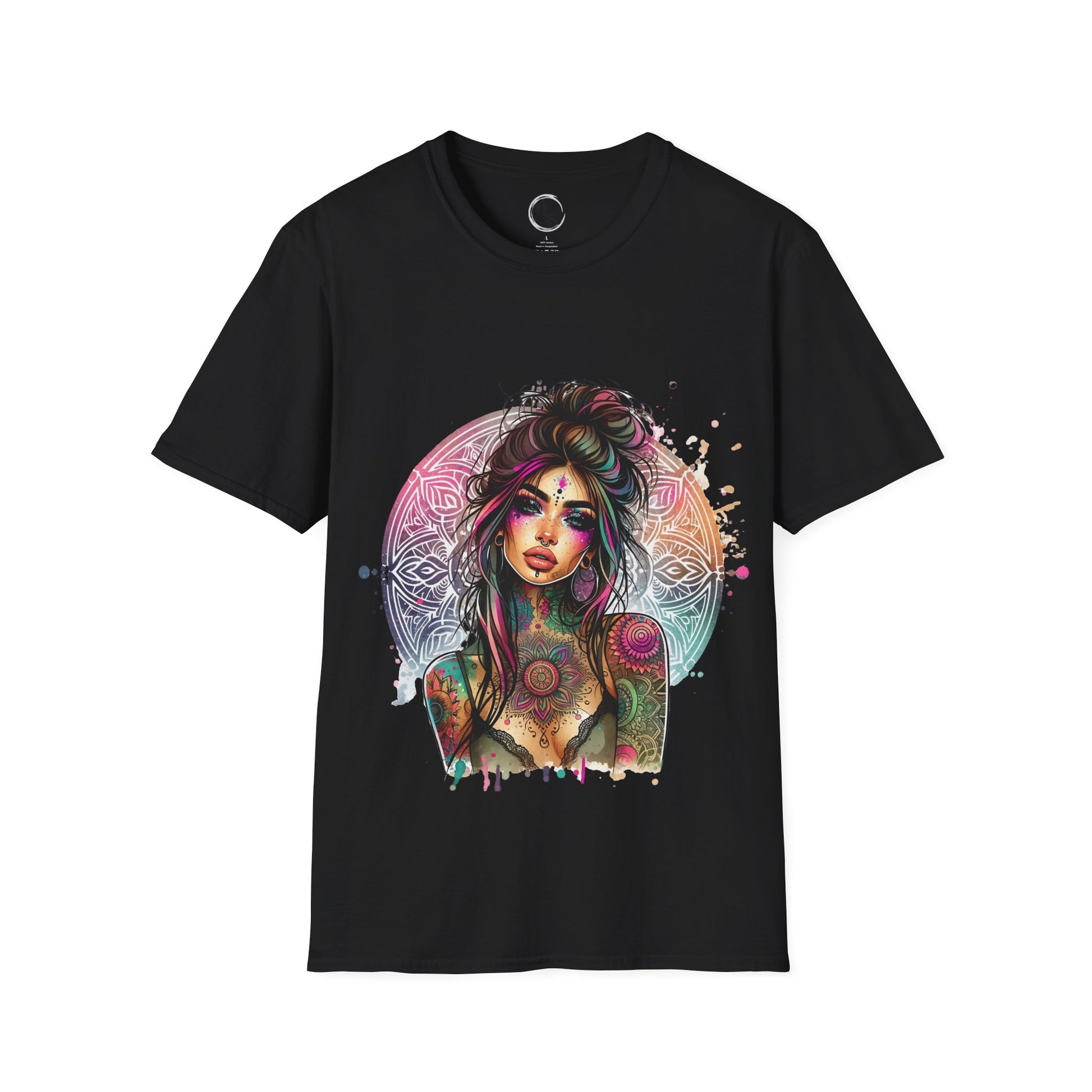 Black t-shirt with a colorful graphic design of a woman on a white background