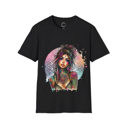 Black t-shirt with a colorful graphic design of a woman on a white background