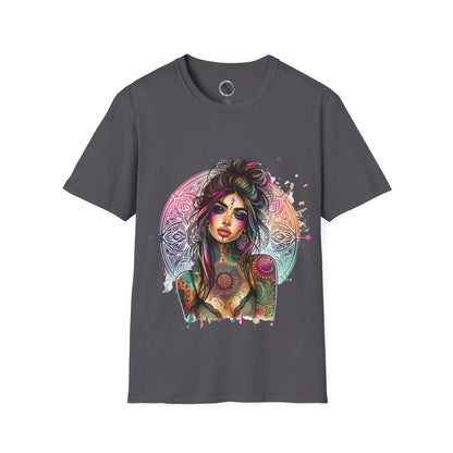 Gray t-shirt with a colorful graphic of a woman with tattoos on a white background