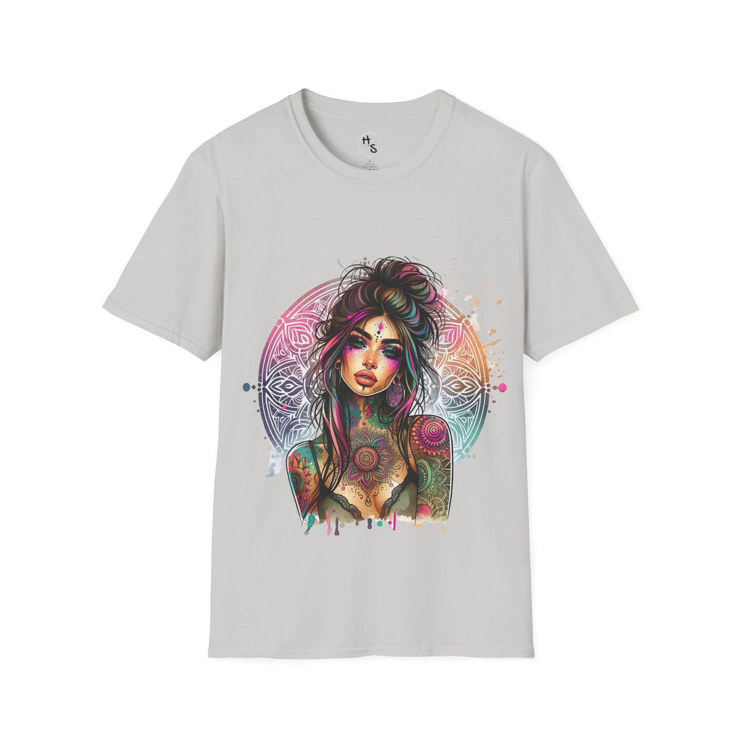 Gray t-shirt with a colorful graphic design of a woman on a white background