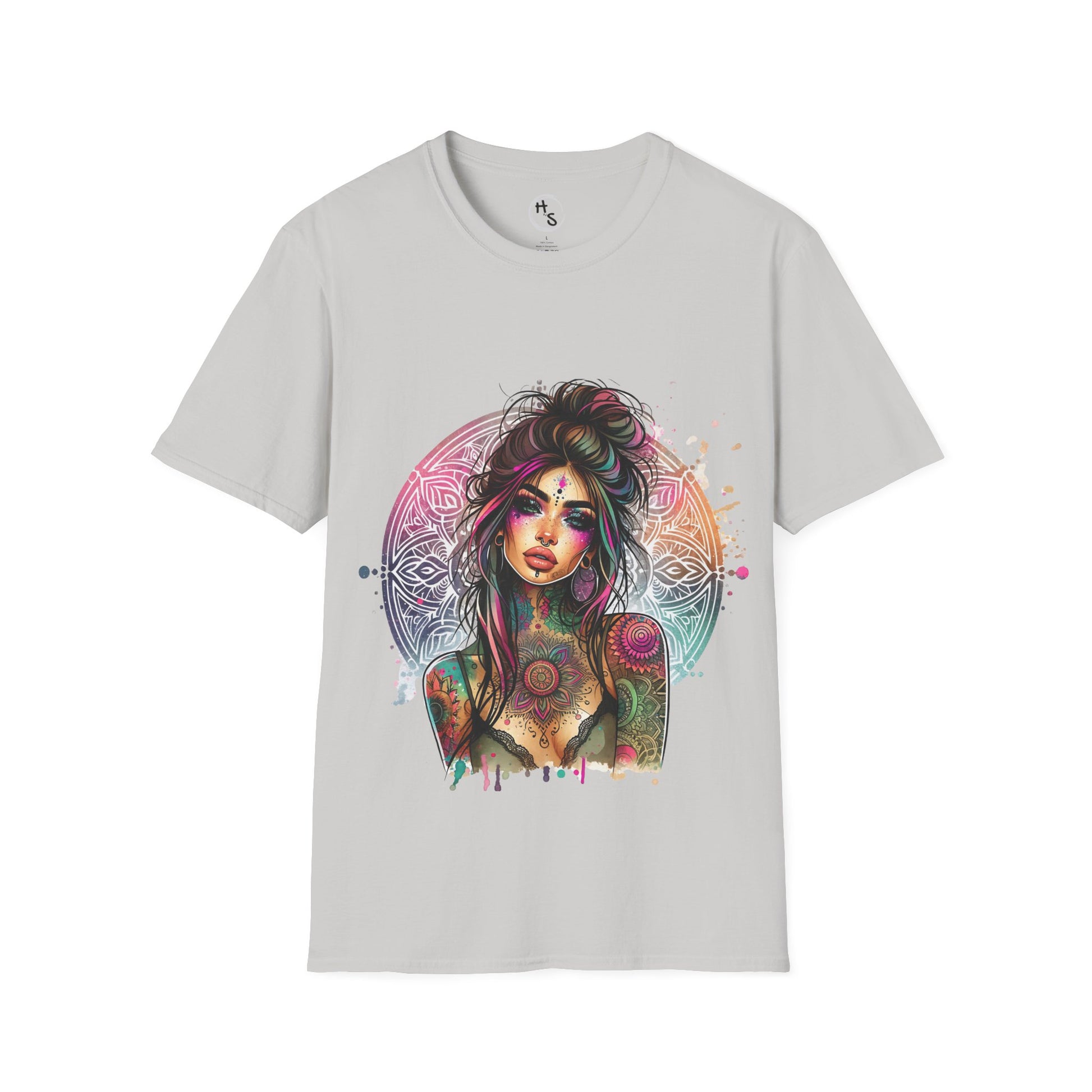 Gray t-shirt with a colorful graphic design of a woman on a white background