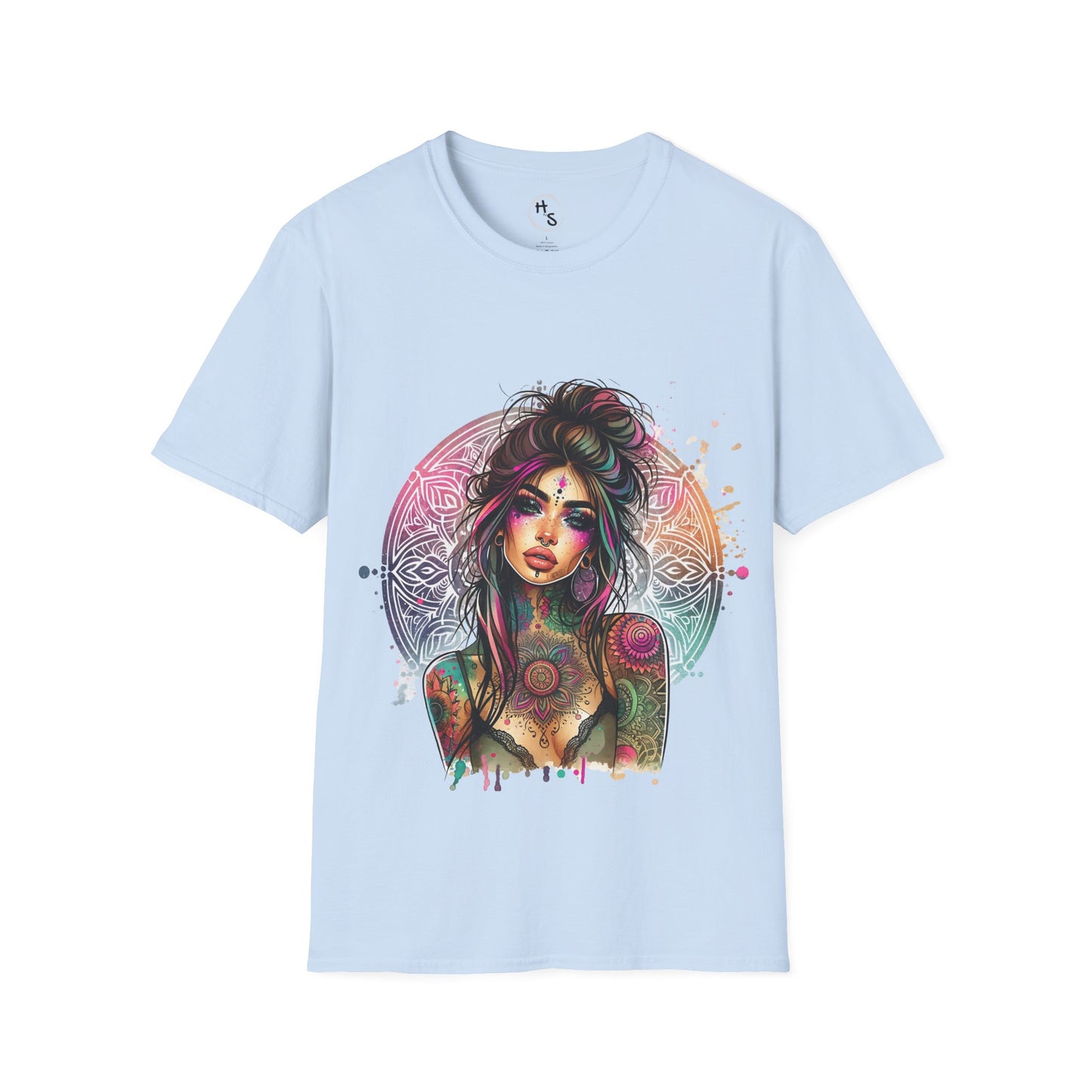 Light blue t-shirt with a colorful graphic design of a woman on a white background