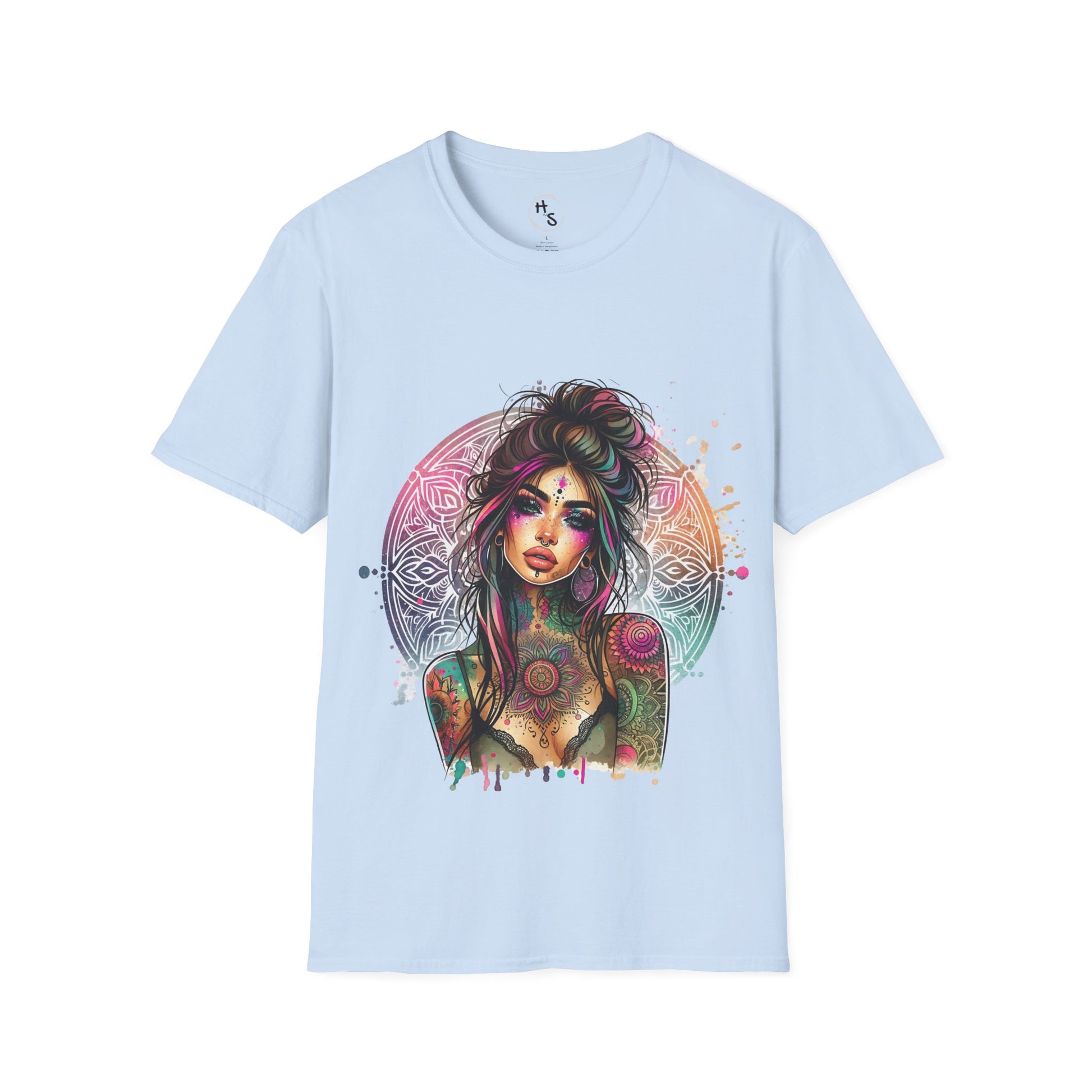 Light blue t-shirt with a colorful graphic design of a woman on a white background