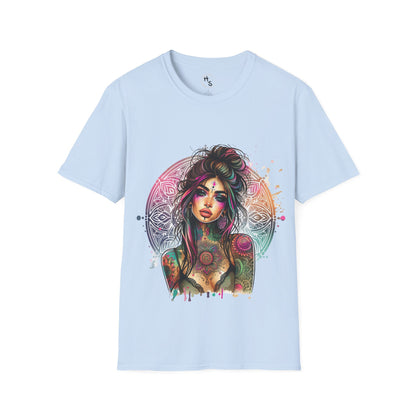 Light blue t-shirt with a colorful graphic design of a woman on a white background