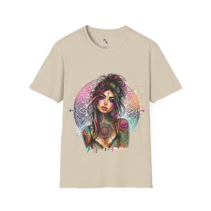 Beige t-shirt with a colorful graphic design of a woman on a white background