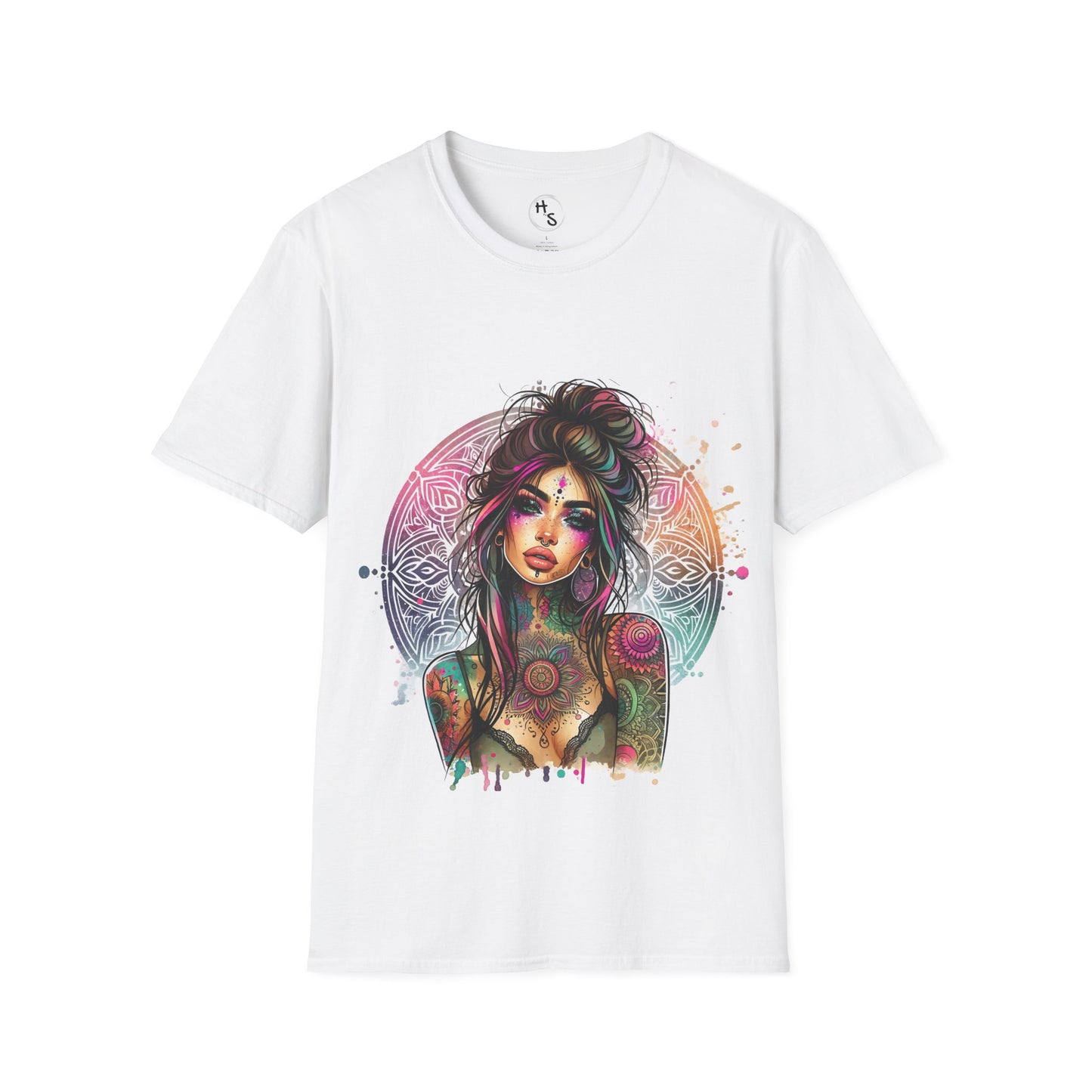 White t-shirt with a colorful graphic design of a woman on a white background