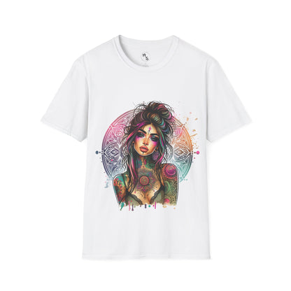 White t-shirt with a colorful graphic design of a woman on a white background