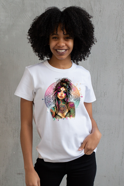 Person wearing a white t-shirt with a colorful graphic design of a woman on a gray background