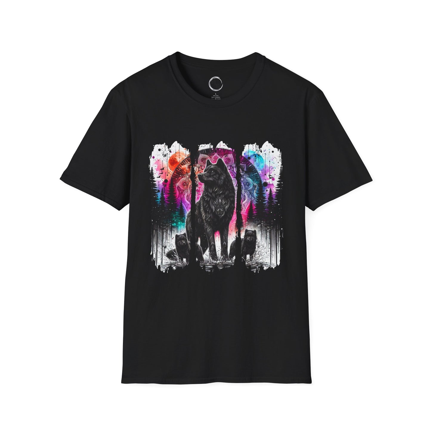 Black t-shirt with a colorful wolf graphic on a white background