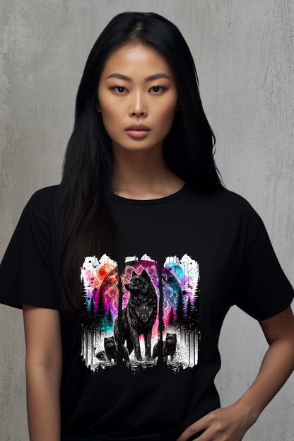 Person wearing a black t-shirt with a colorful wolf graphic design.
