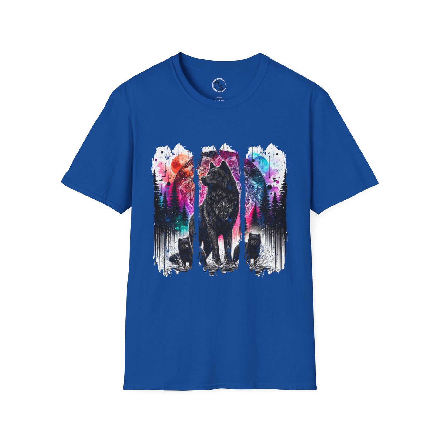 Blue t-shirt with a colorful wolf design on a white background