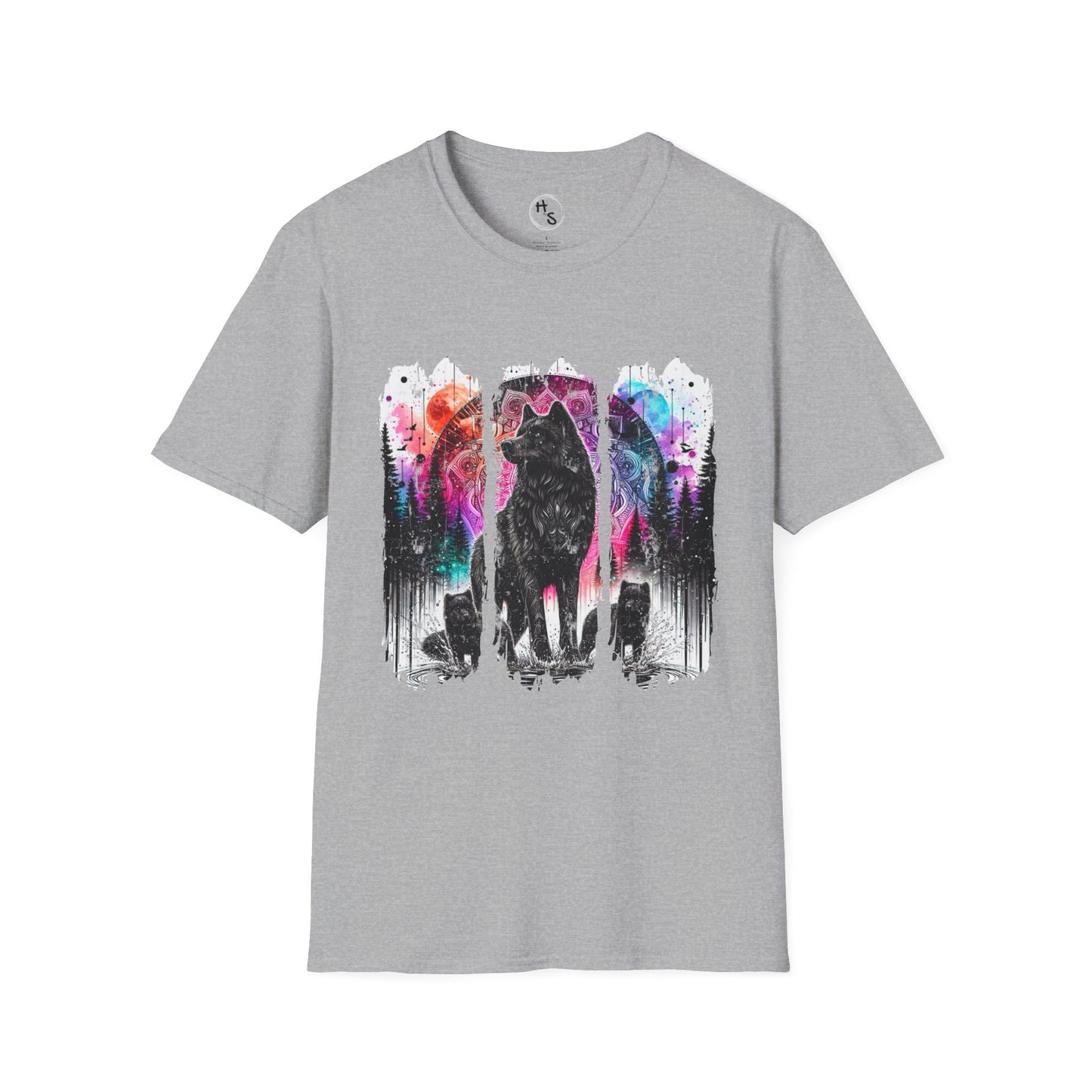 Gray t-shirt with colorful wolf design on a white background