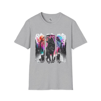 Gray t-shirt with colorful wolf design on a white background