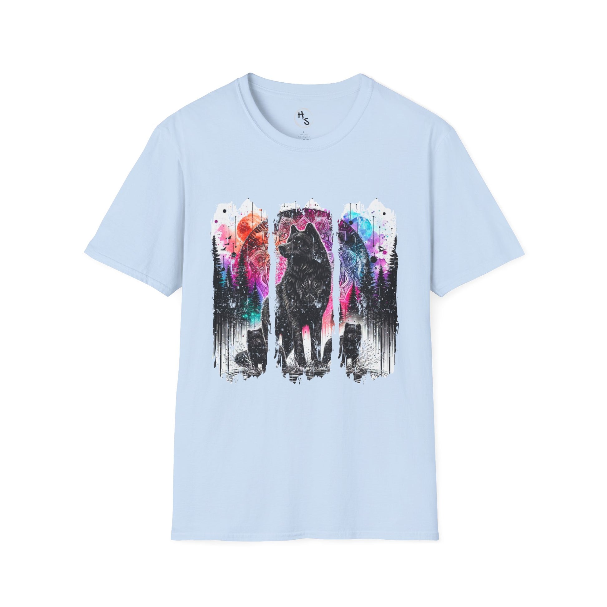 Light blue t-shirt with a colorful wolf graphic on a white background