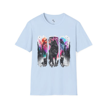 Light blue t-shirt with a colorful wolf graphic on a white background