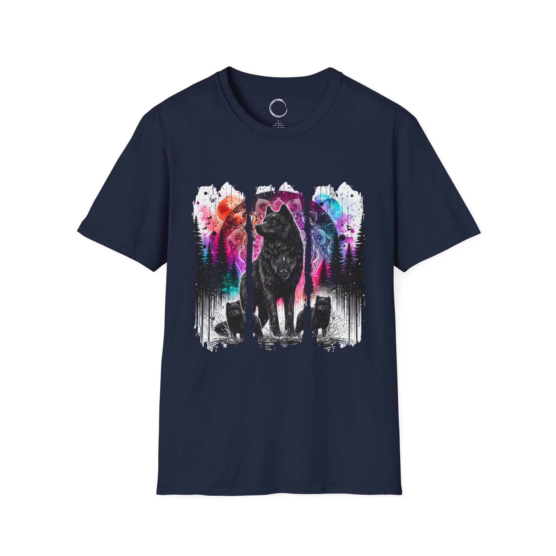Navy blue t-shirt with a colorful wolf graphic on a white background