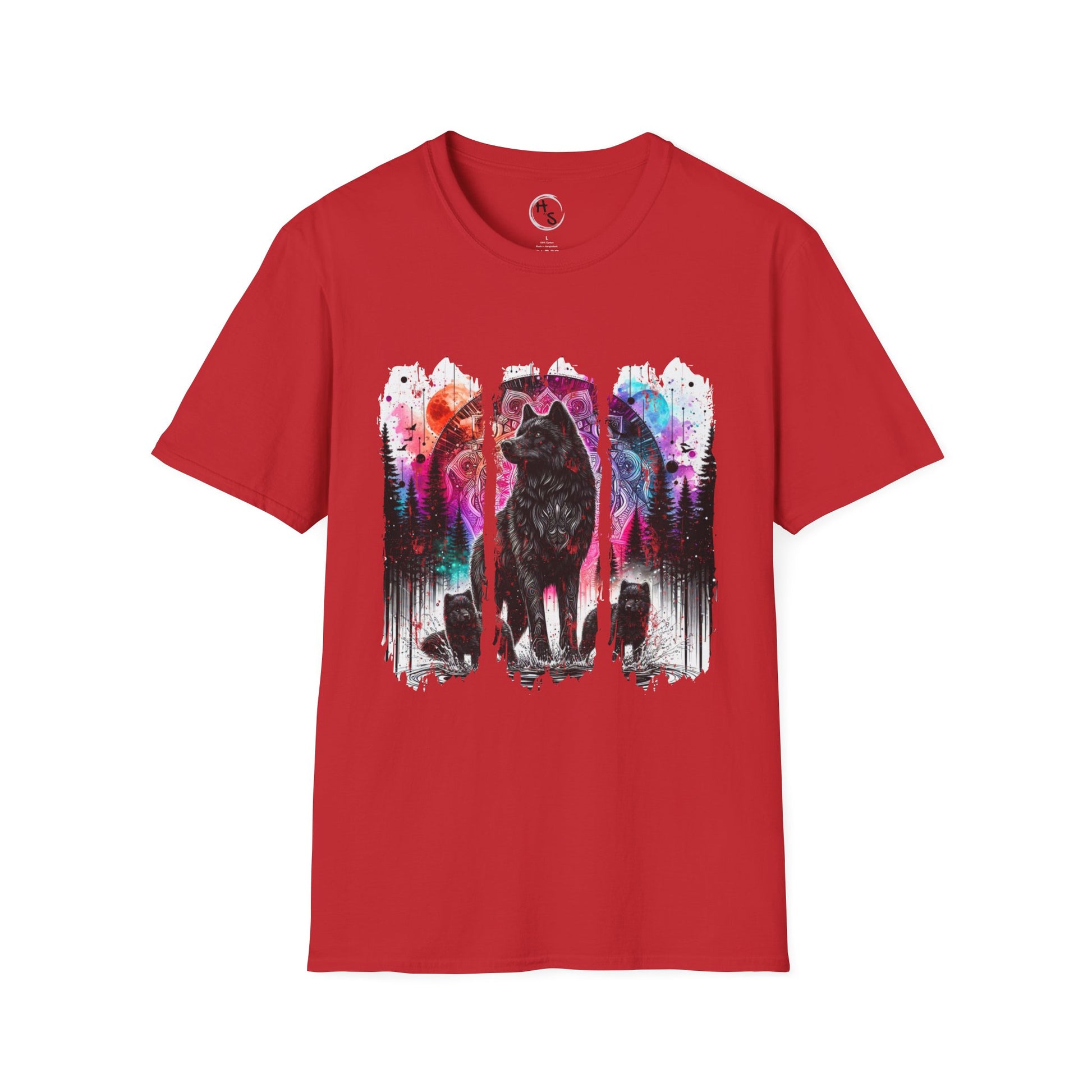 Red t-shirt with a colorful wolf graphic on a white background