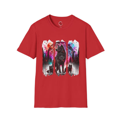 Red t-shirt with a colorful wolf graphic on a white background