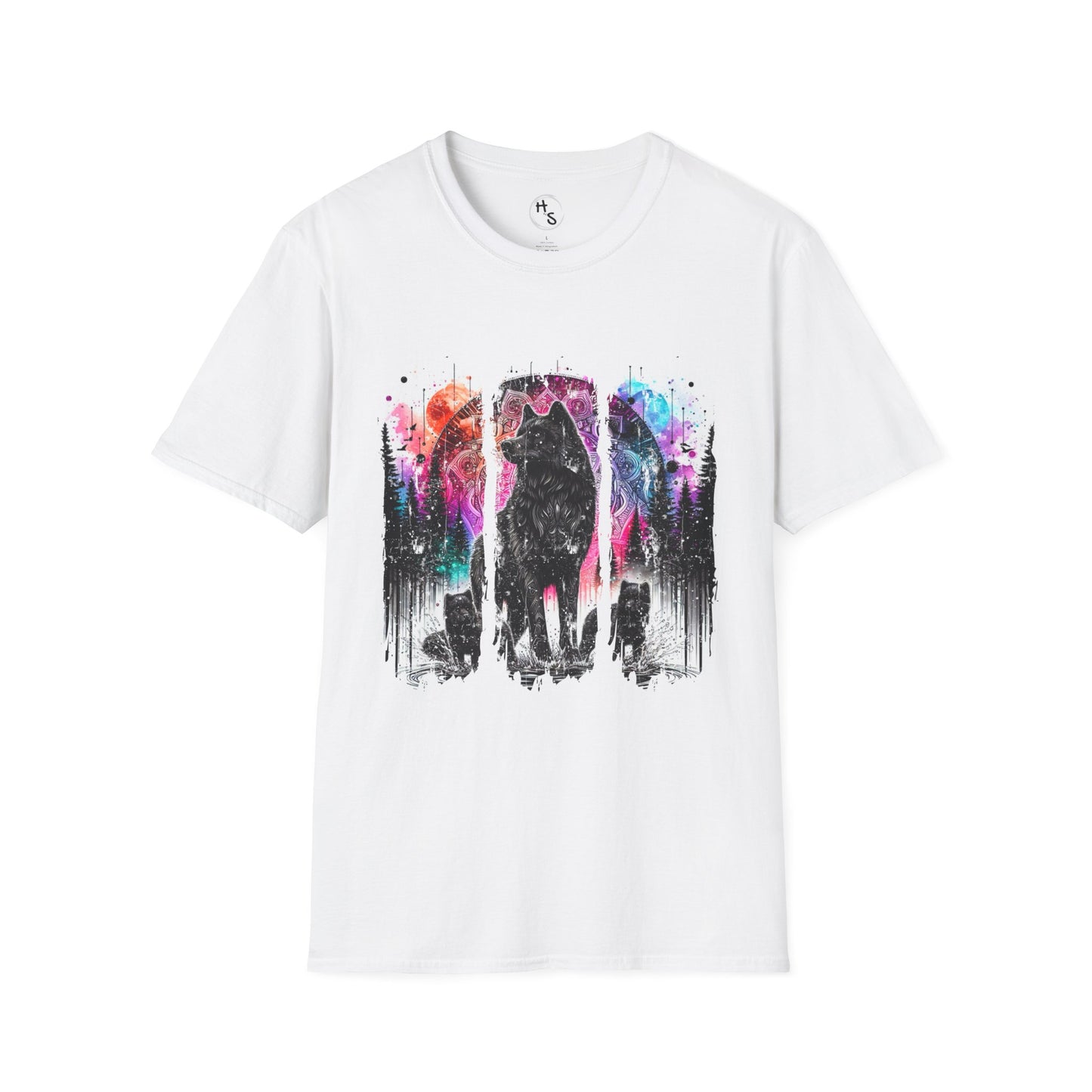White t-shirt with a colorful wolf graphic on a white background
